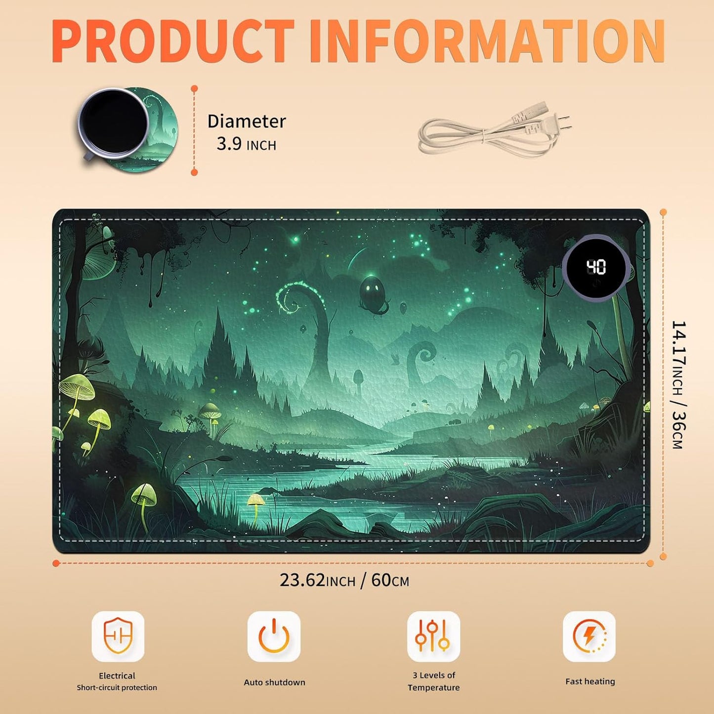 Heated Mouse Pad, Warm Desk Pad, Keyboard Mat 23.6 x 14 Inch Large Size Intelligent Fast Heating, 3 Speed Adjustable, Timed Auto Power Off for Game Office Home, Dark Fantasy Forest