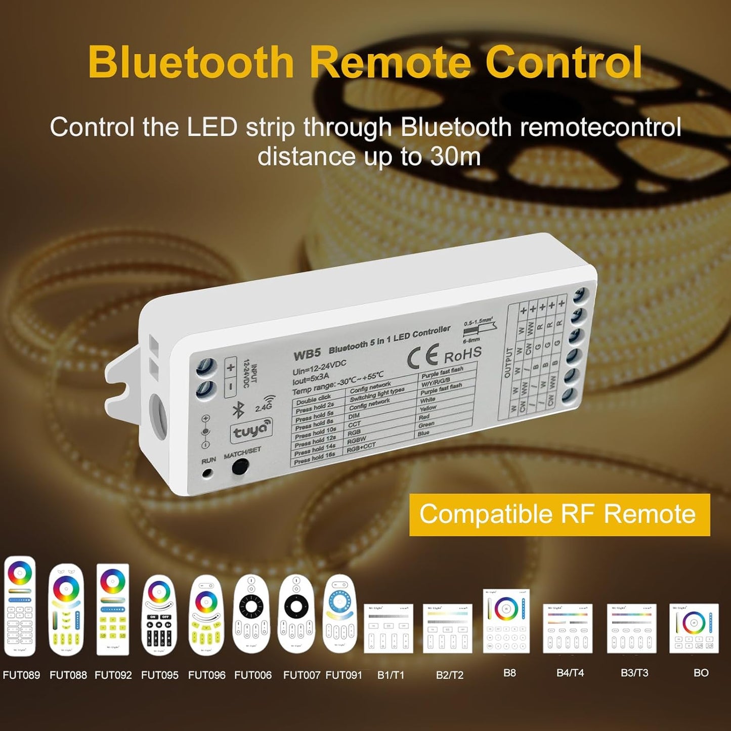 (2 Pack) 5in1 WB5 LED Controllers Bluetooth Control 2.4GHz Dimmable CCT RGB RGBW RGBCCT COB LED Strips - Compatible with Tuya App Echo Alexa Google Home Voice Control
