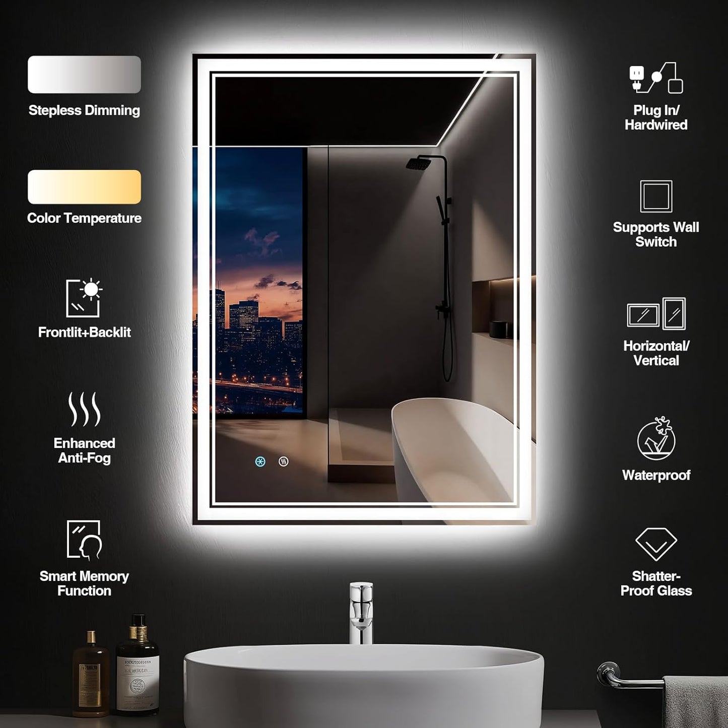 28"x 36" LED Bathroom Mirror with Anti-Fog, Dimmable Backlit + Front Lit, LED Bathroom Vanity Mirror for Wall, Memory Function, Shatter-Proof Glass, ETL Listed(NHYJ7922D)