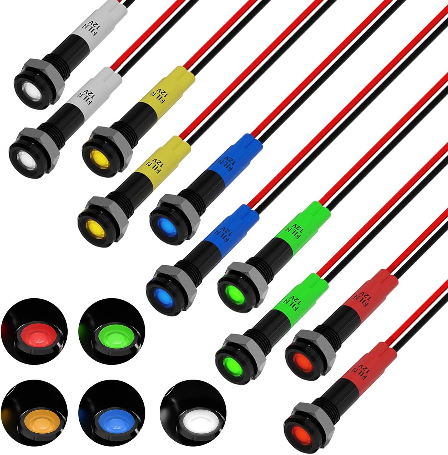 10Pcs Metal Indicator Light 6mm 1/4'' 12-24V AC LED Waterproof Signal Light with Wire Instrument Panel Direction Pilot Light Car Truck Boat (Multi-Color 12-24V)