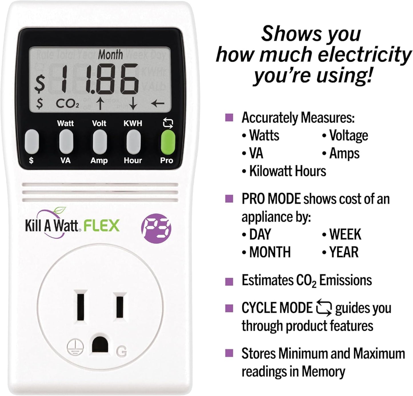 2-Pack P3 International P4456 Kill A Watt Flex Plug-in Electricity Usage + Power Consumption Monitor, Watt Voltage Tester, Electrical Energy Saving Monitor with Auto Cost Calculator