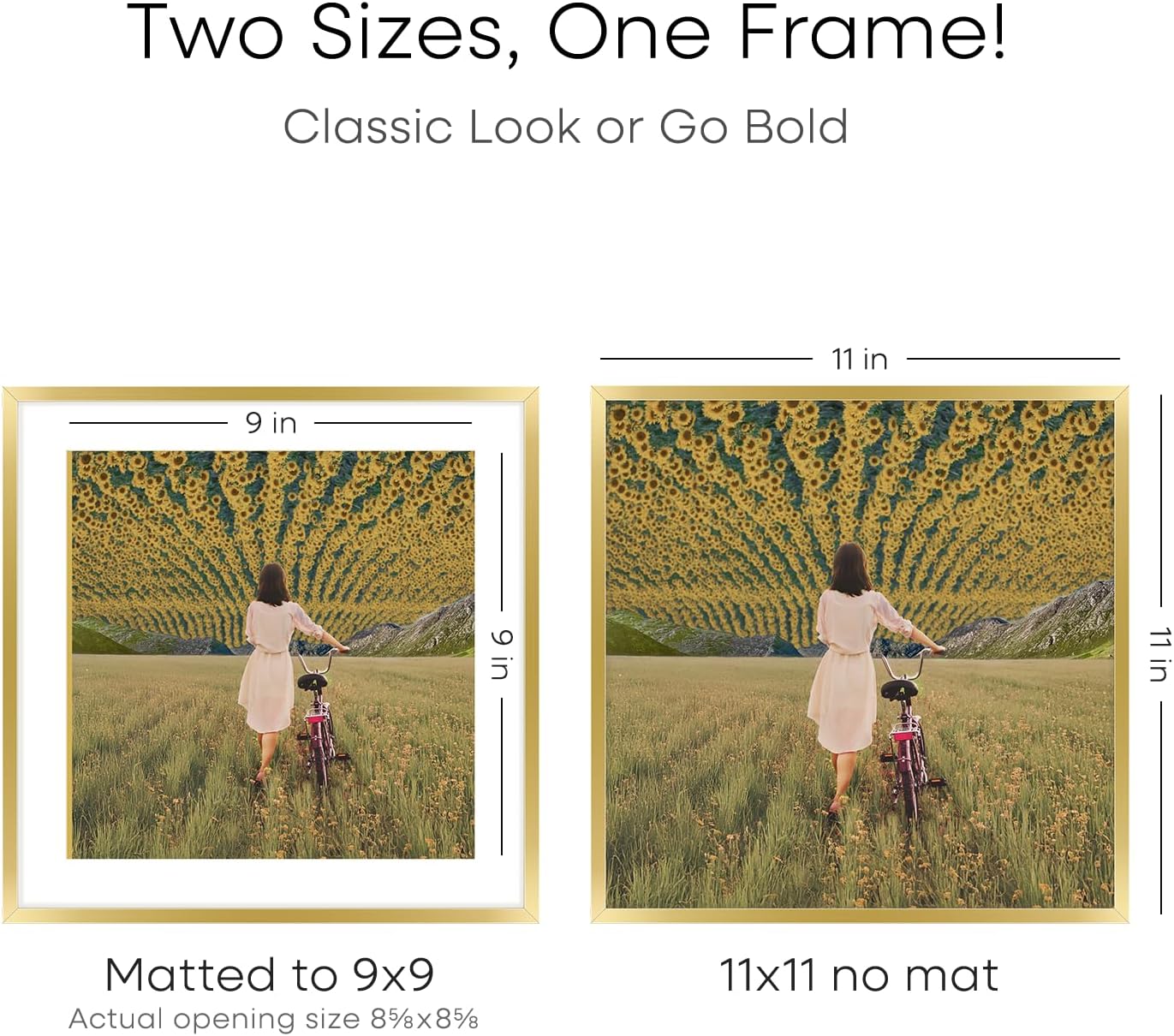 Homeforia 11x11 Picture Frame Gold, High End Metal 11 by 11 Square Frames with Mat 9 x 9 Photo, 11by11 Thin Poster Frame Matted to 9x9 inch Art, Wall Hanging Frames, Tempered Glass, Wall Kit, Set of 2