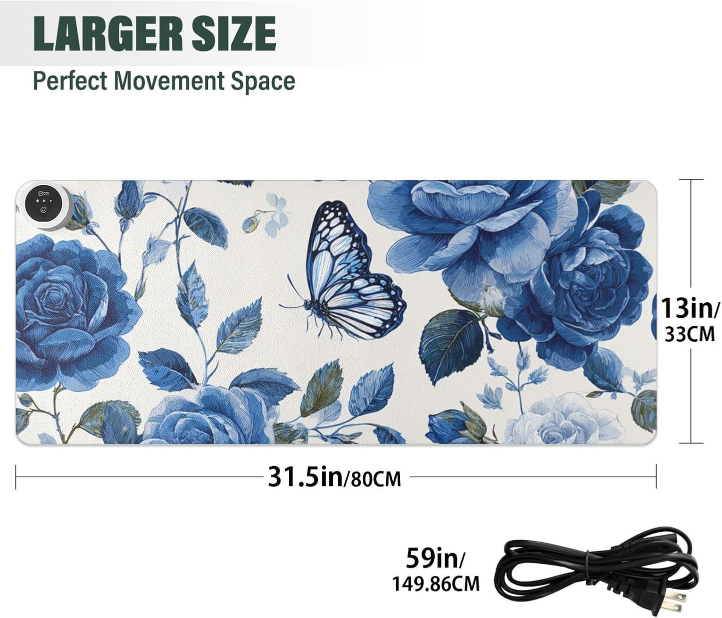 Heated Desk Pad Mouse Pad 31.5x13 Inch PU Leather Desk Mat with 3 Heat Levels Large Mouse Gaming Computer Laptop Mat Blue White Rose Flowers Butterfly