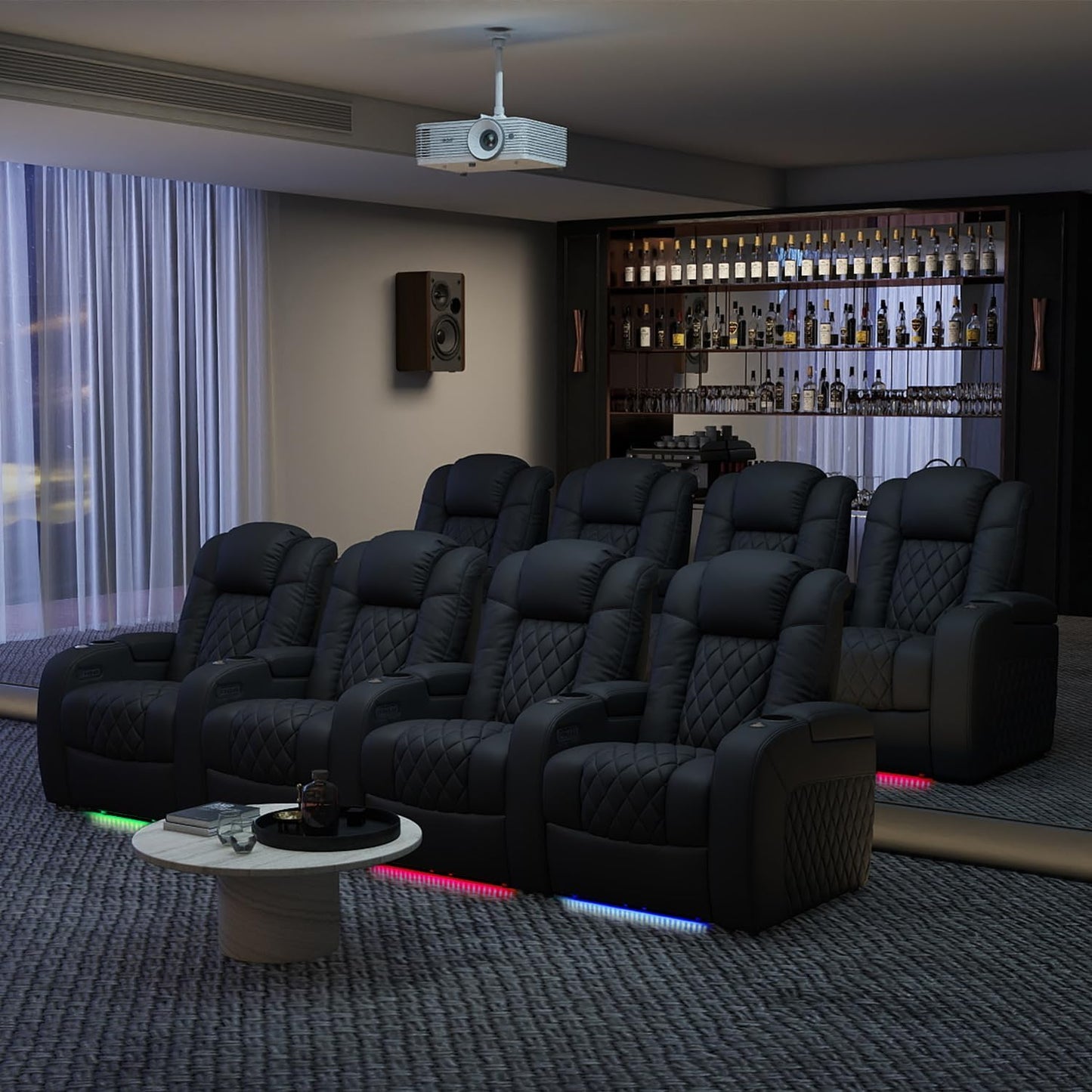 Weilianda Home Theater Seating Top Grain Leather Zero Gravity Recliner Chair Power Headrest Recline Movie Seat Gaming 7 Colors Mood Light Sofa with Tray Table USB Charge Row of 3 Loveseat Left Black