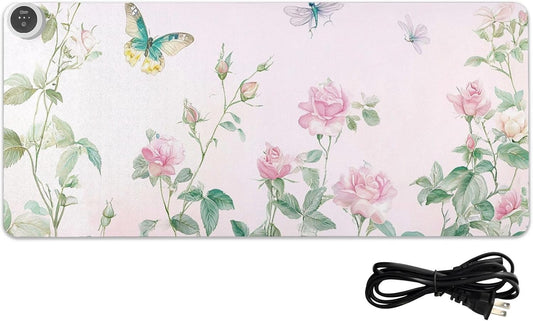 Heated Desk Pad Mouse Pad 31.5x13 Inch PU Leather Desk Mat with 3 Heat Levels Large Mouse Gaming Computer Laptop Mat Pink Spring Rose and Dragonfly Butterfly