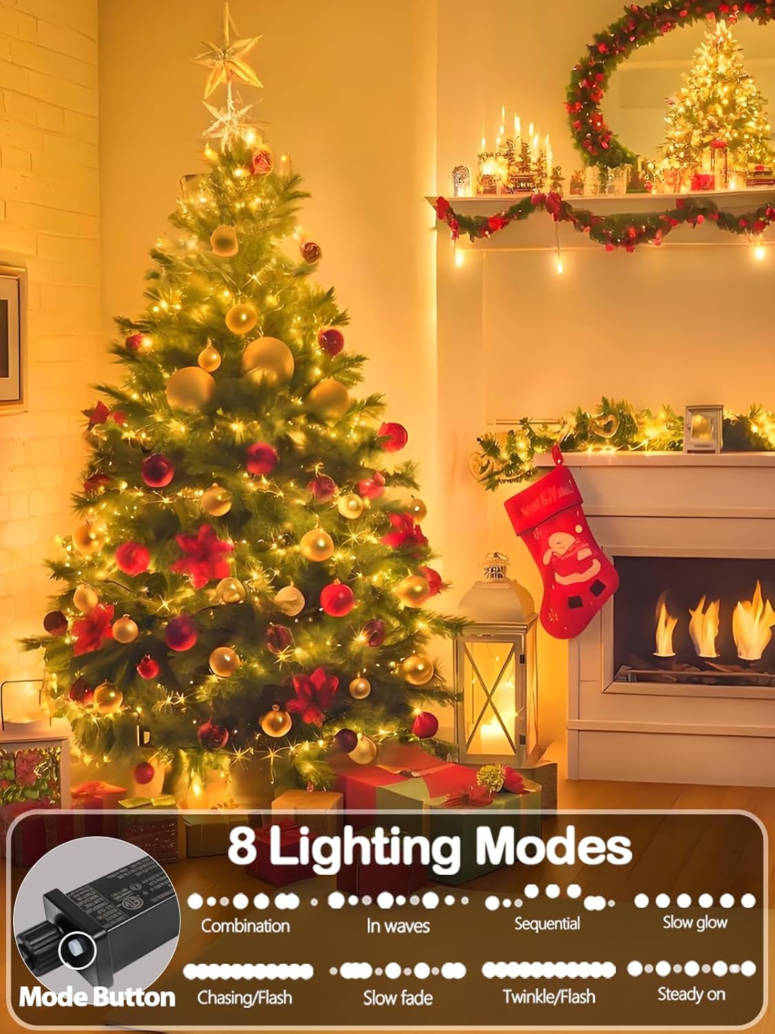 33 FT 100 LED Christmas String Lights Indoor Outdoor, Memory Function & Timer & 8 Modes, UL Certified, Linkable Green Wire Waterproof Twinkle Light for Christmas Tree Party Garden Decor (Warm White)