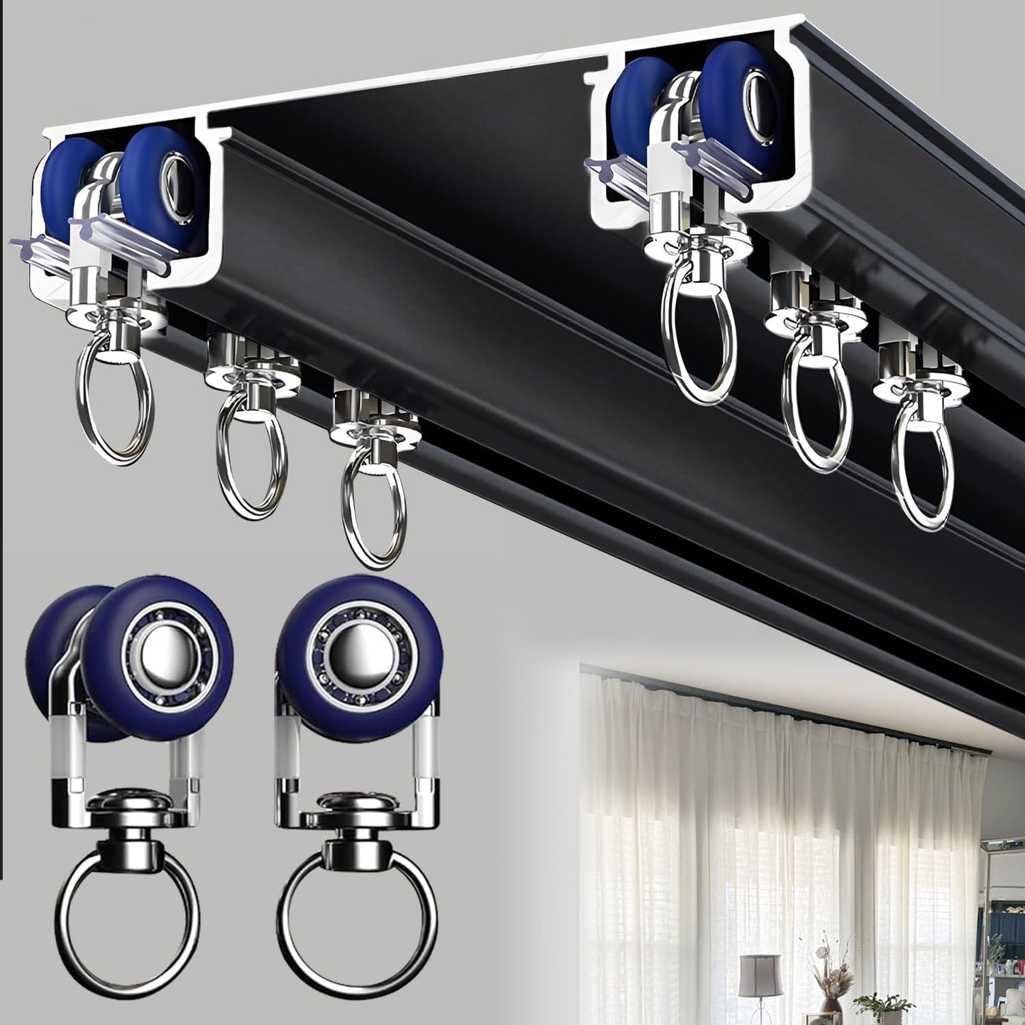 Double Curtain Track Ceiling Mounted, Heavy Duty Aluminum Sliding Rails for Curtains, Silent Double Curtain Track System for Drapes Room Dividers Living Room Bedroom (Black,2.9m(9.5ft))