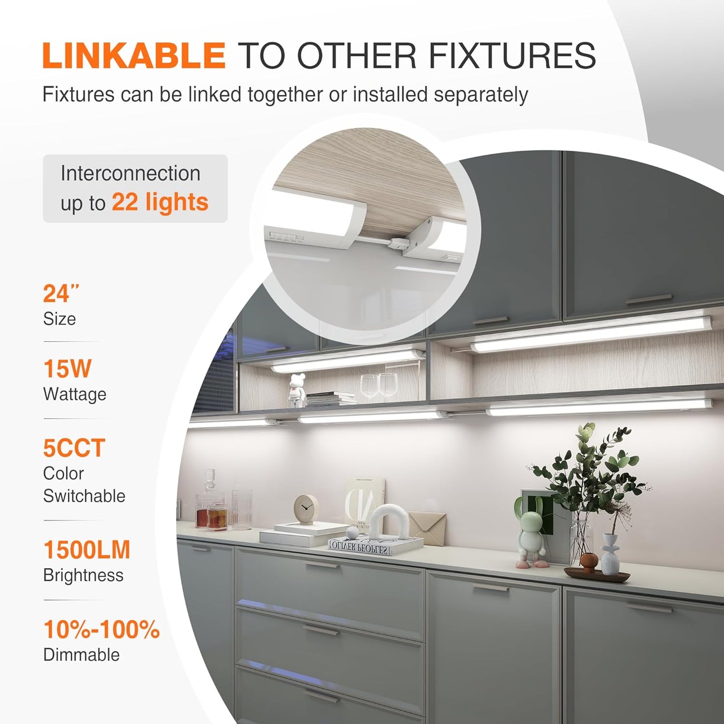 24inch Linkable Under Cabinet Lighting Hardwired Plug-in, Wired led Under Cabinet Lights with 5 CCT (2700/3000/3500/4000/5000) & Dimmable, Under Counter Lights for Kitchen, 15W, 1500LM, 1 Pack
