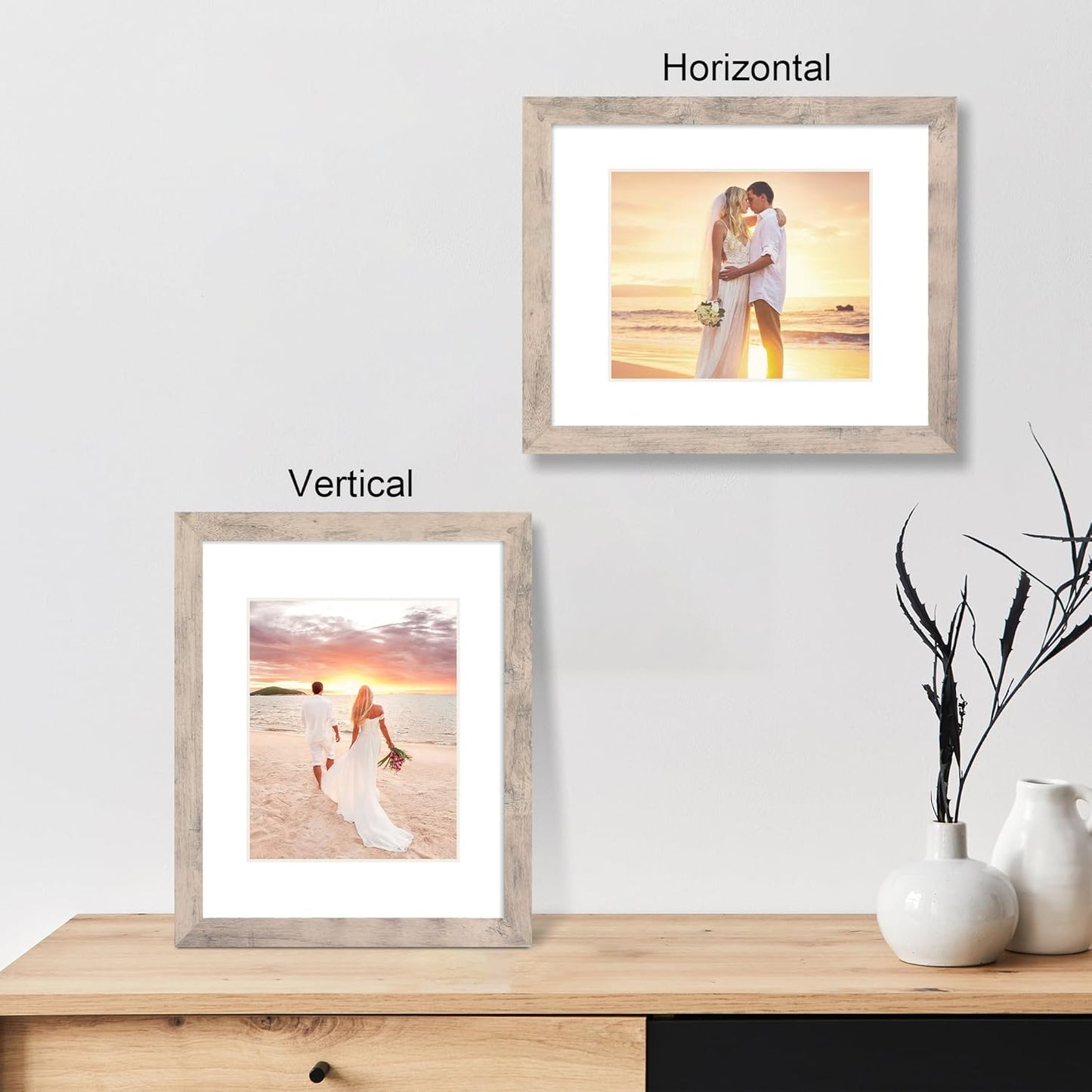 iRahmen 11x14 Picture Frame Set of 4 with Tempered Glass, Smoke Gray Frame Display 8x10 Pictures with Mat or 11 x 14 Without Mat, Wood Rustic Photo Frames for Horizontal or Vertical Wall Mounting