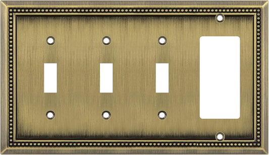 Henne Bery Sunken Pearls Heavy Duty Decorative Wall Plate Switch Plate Outlet Cover (Triple Toggle/Single Decorator, Antique Brass)