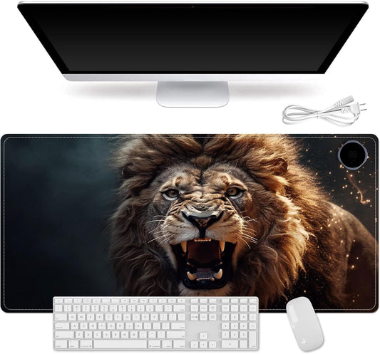 Heated Mouse Pad for Desk 31.5" x 13" – PU Leather Warm Desk Pad with 3 Heat Levels (104°F/113°F/122°F), Plug-in Electric Heating Mat with Auto Shut-Off, Waterproof & Rollable, Roaring Lion