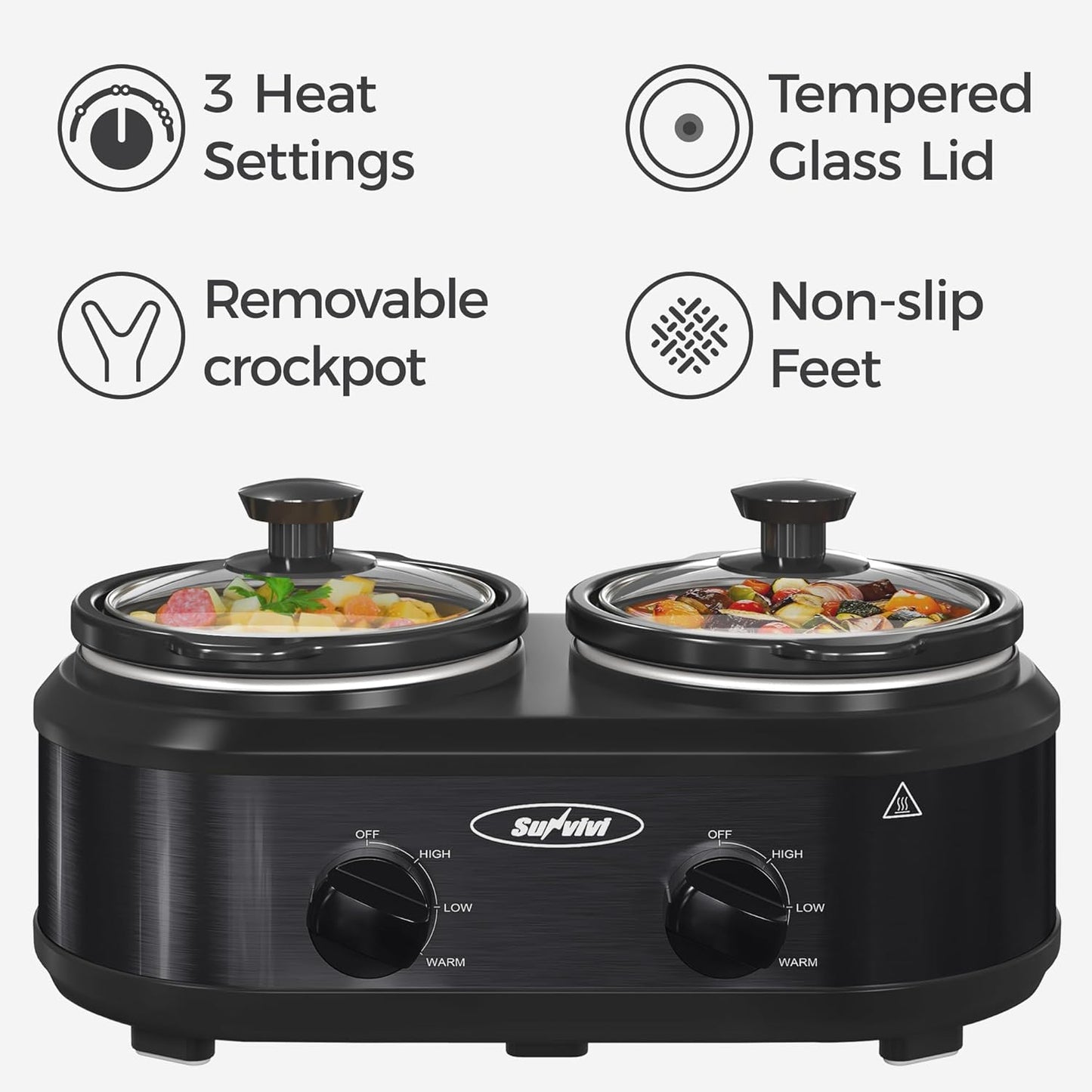 2 * 1.25 Quarts Dual Slow Cooker, Buffet Server & Warmer with 2 Removable Ceramic Pots, 3 Adjustable Temp Settings & 2 Visible Glass Lids, Stainless Steel, Black