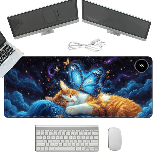 Heated Mouse Pad with 3 Temperature Settings(104°F–122°F),Large 31.5x13 Inch PU Leather Heated Desk Mat,Waterproof Warming Pad for Office,Gaming & Cold Hands Relief,Cat Bule Butterfly