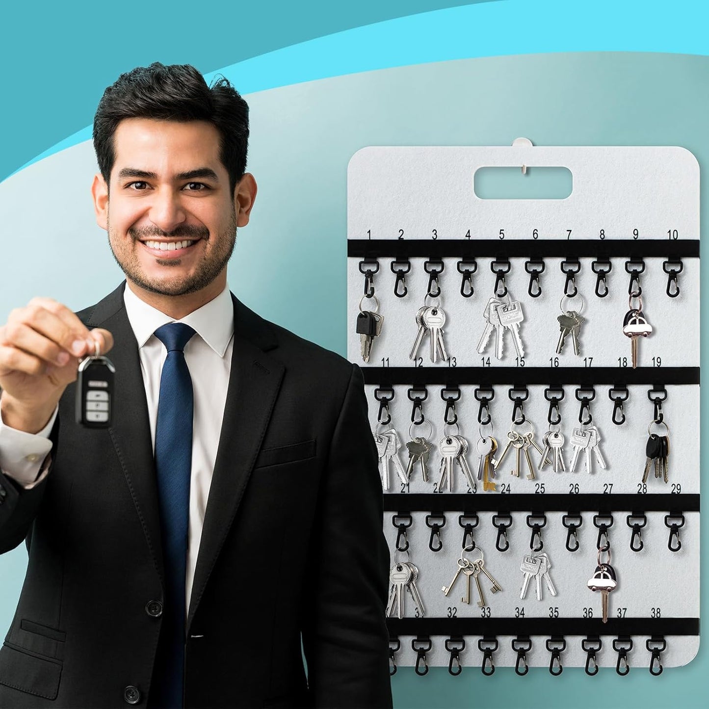 24'' x 16'' Key Rack Wall Mount with 38 Numbered Self Closing Hooks 24'' x 16'' Felt Key Holder Board Storage for Car Dealer Property Manager Valet Parking Residential Small Businesses