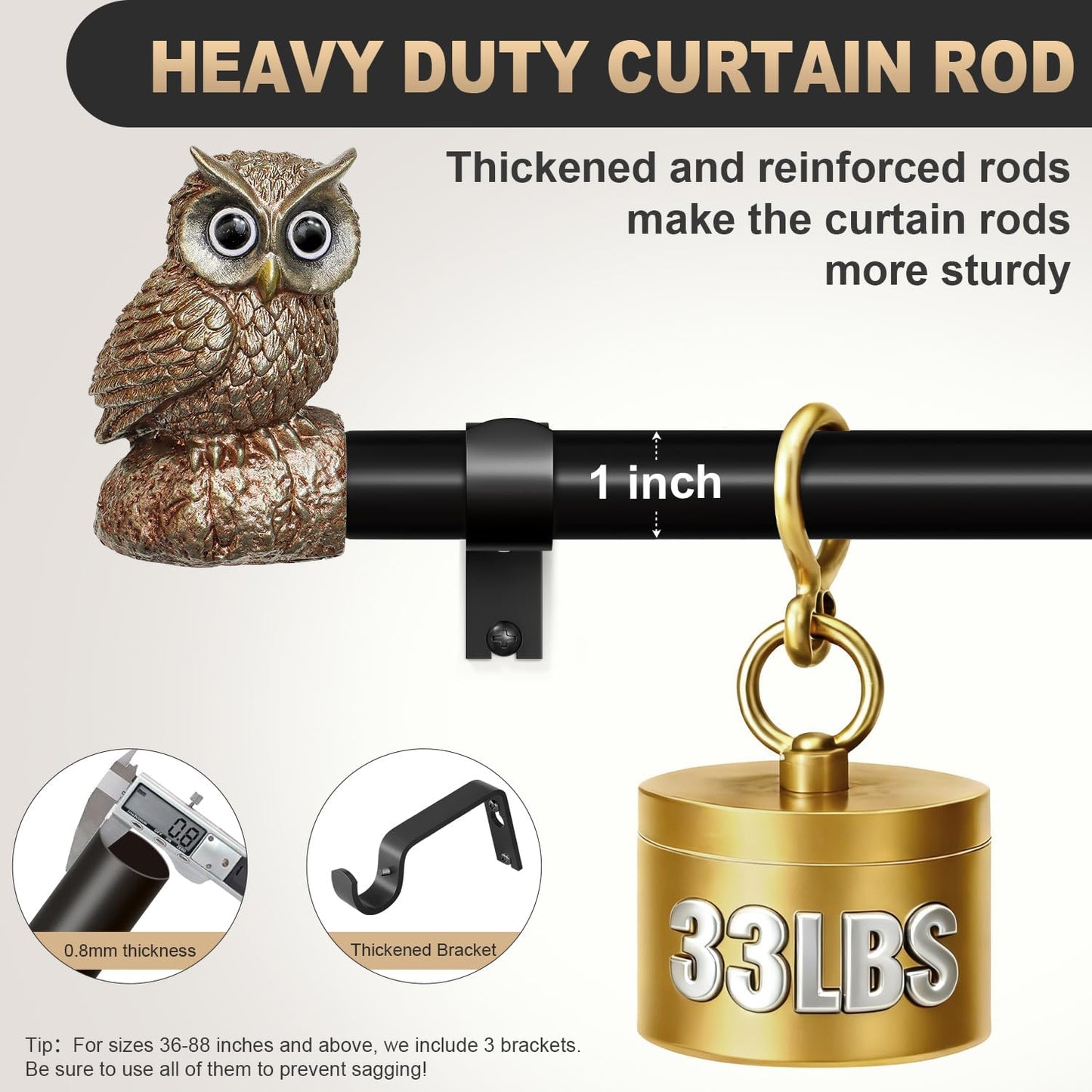 2 Pack Vintage Decorative Black Curtain Rods for Windows 48 to 84 Inch Adjustable Heavy Duty 1'' Diameter Curtain Rod with Owl Finials for Bedroom Living Room Kitchen Farmhouse (36-88'')