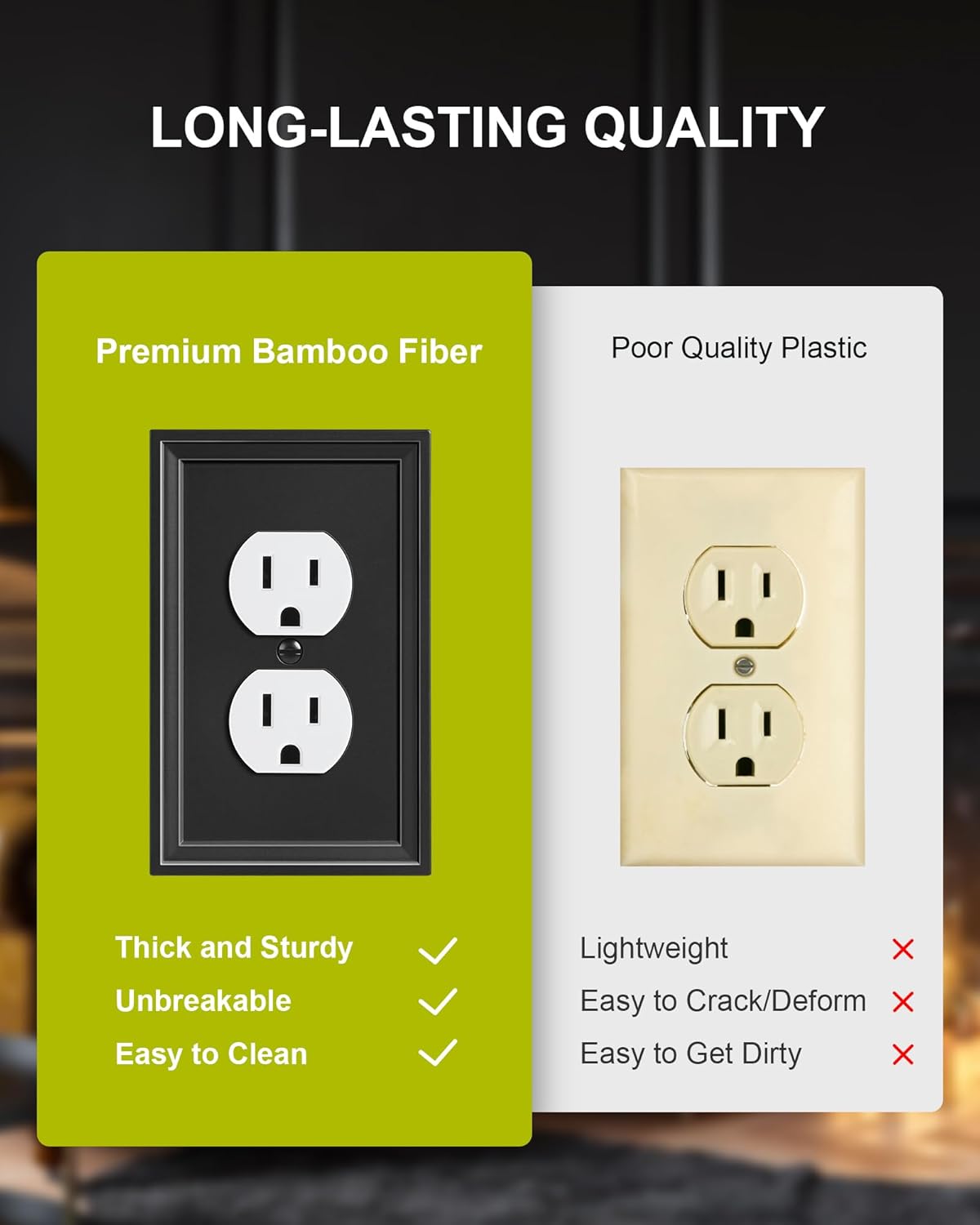 2-Pack Duplex Outlet Cover, Natural Bamboo Fiber Switch Plates and Outlet Covers, Black Decorative Wall Plates for Electrical Outlets, 1 Gang Receptacle Cover, Corrosion Resistant