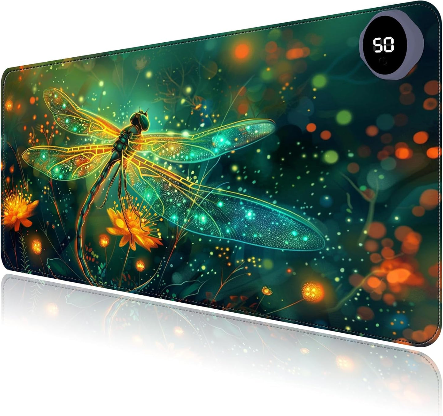 Heated Mouse Pad with 3 Levels Heated & 3 Hours Auto Shut-Off Mouse Pad for Warming Hands in Office Home, 23.6" x 14.2"Large Safe Desk Mat Hand Warmer，Glowing Dragonfly