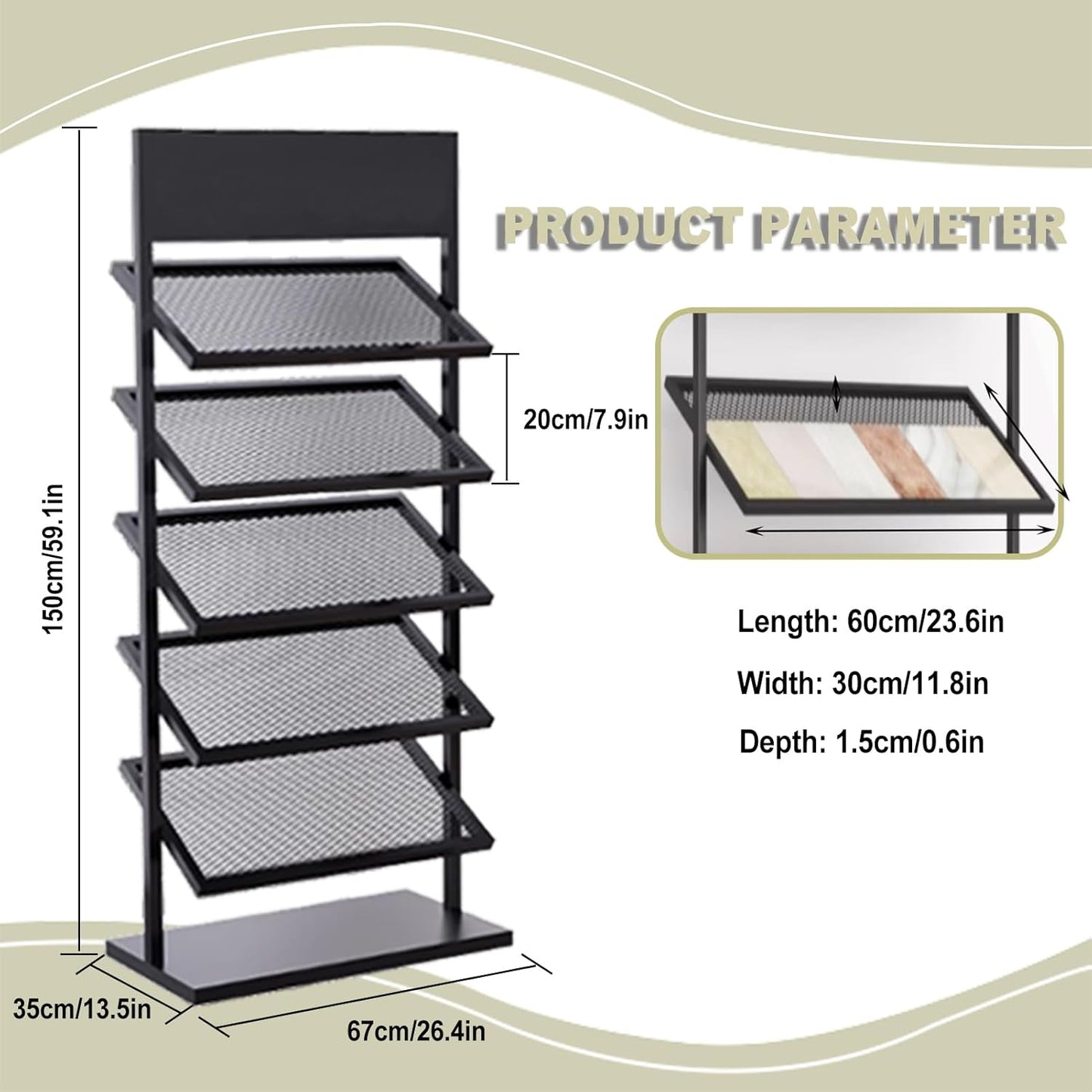 5-tier Floor Tile Display Stand, Retail Display Rack for Tile, Building Material Swatch Sample Storage Holder for Exhibition Hall Trade Show Vendor Events(Black, Height-59in)