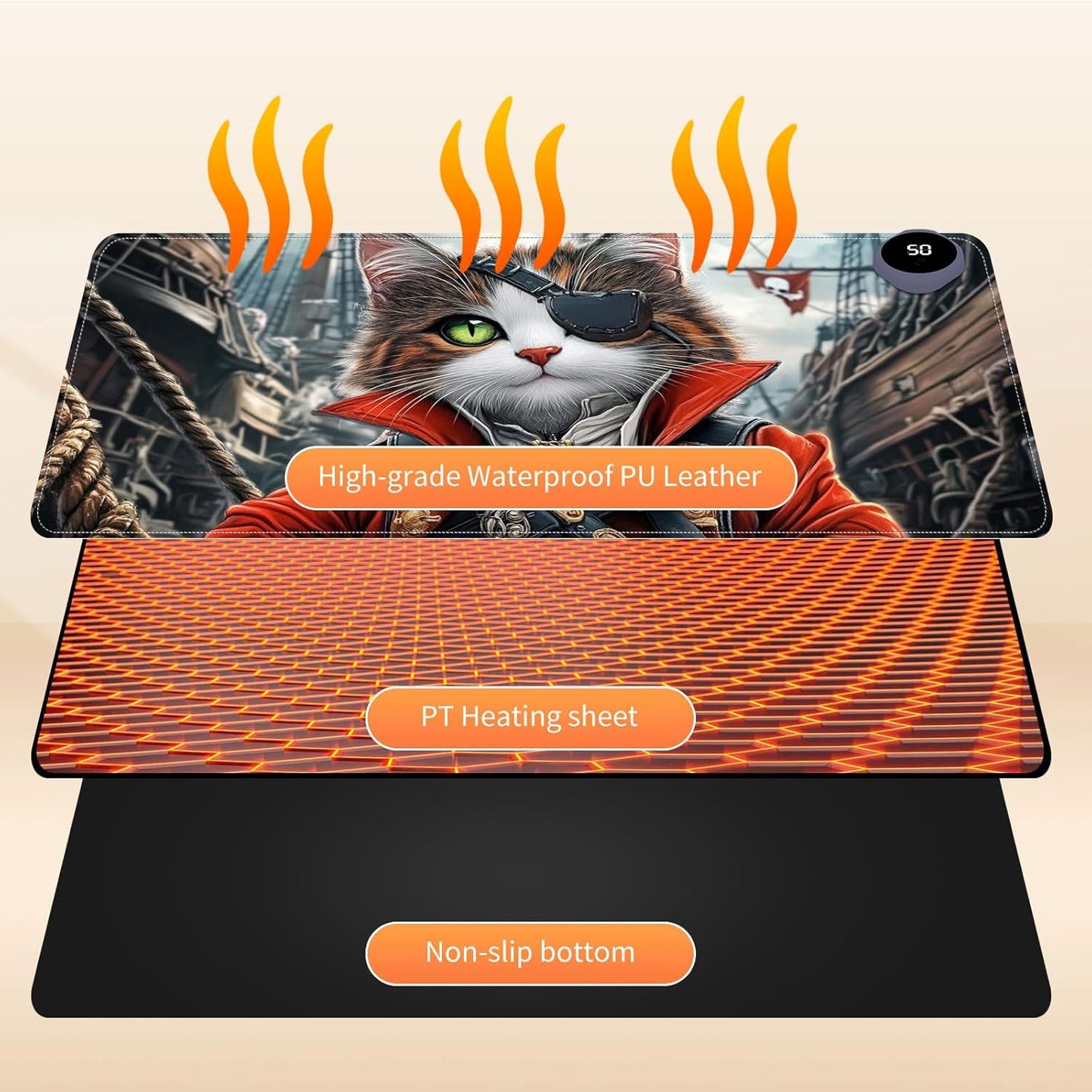 Heated Mouse Pad for Desk 31.5" x 13" – PU Leather Warm Desk Pad with 3 Heat Levels (104°F/113°F/122°F), Plug-in Electric Heating Mat with Auto Shut-Off, Waterproof & Rollable, Pirate Cat