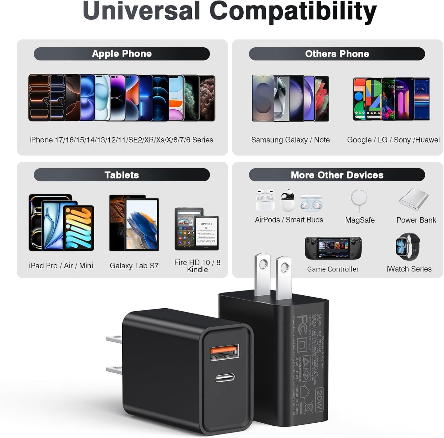 20W USB C Wall Charger for iPhone 17/16/15/14/13/13 Mini/13 Pro Max/12/12 Pro/12 Pro Max Cube, 2 Pack Dual Port Fast Charging Brick Block Plug Box Base Adapter for iPad, iPod, Watch Series 8 7, Black
