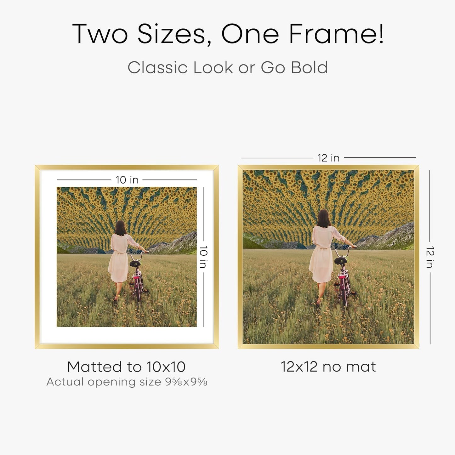 Homeforia 12x12 Picture Frame Gold, High End Metal 12 x 12 Square Poster Frame with Mat 10 x 10 Photo, 12x12 Frame Matted to 10x10 Print, 12by12 Gold Hanging Frames, Tempered Glass, Wall Kit, Set of 3