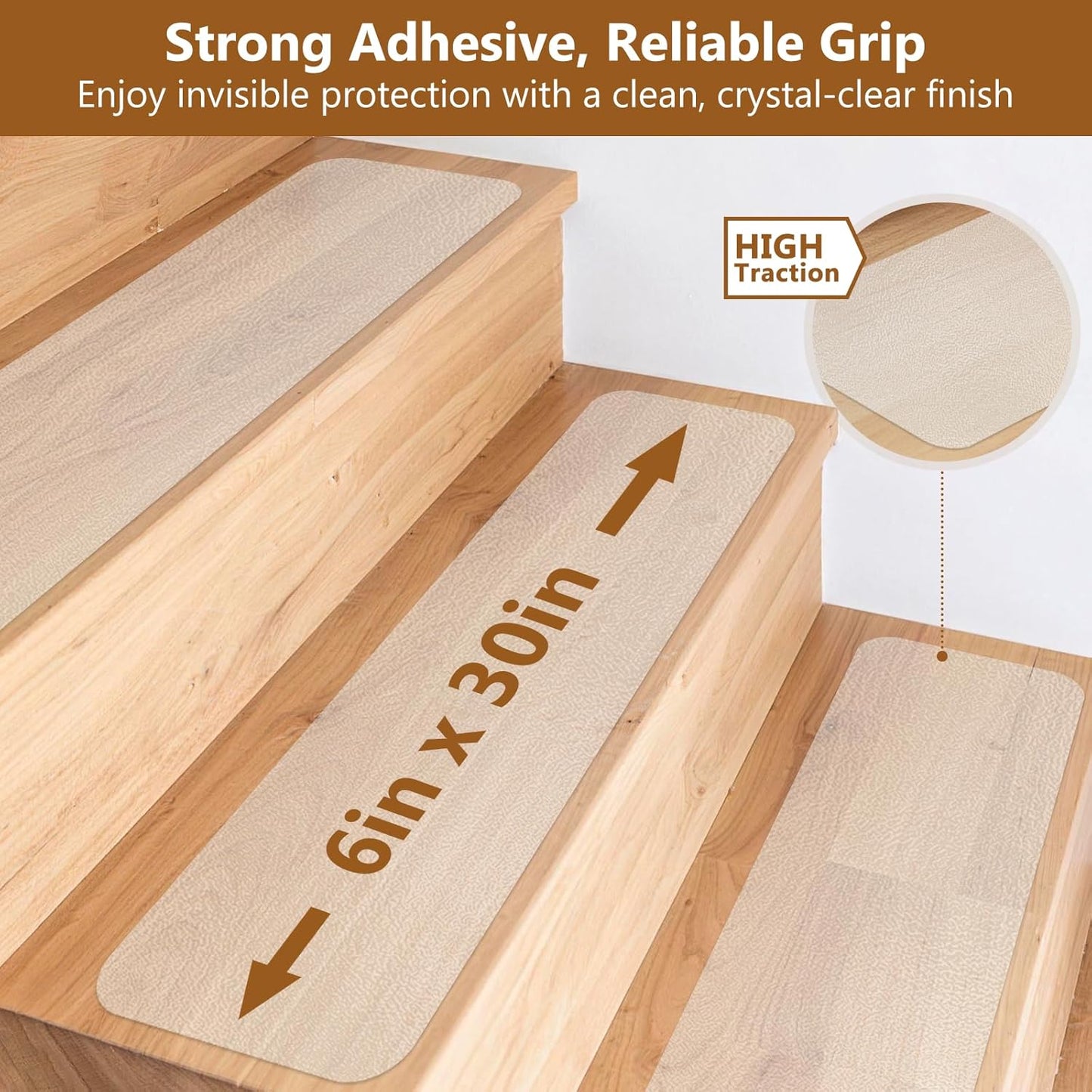 10-Pack 6″ x 30″ Transparent Anti-Slip Tape, Clear Adhesive Grip Tape, Clear Stair Treads Non-Slip for Wooden Step, Floors, Stairs, Pre-Cut and Easy to Use