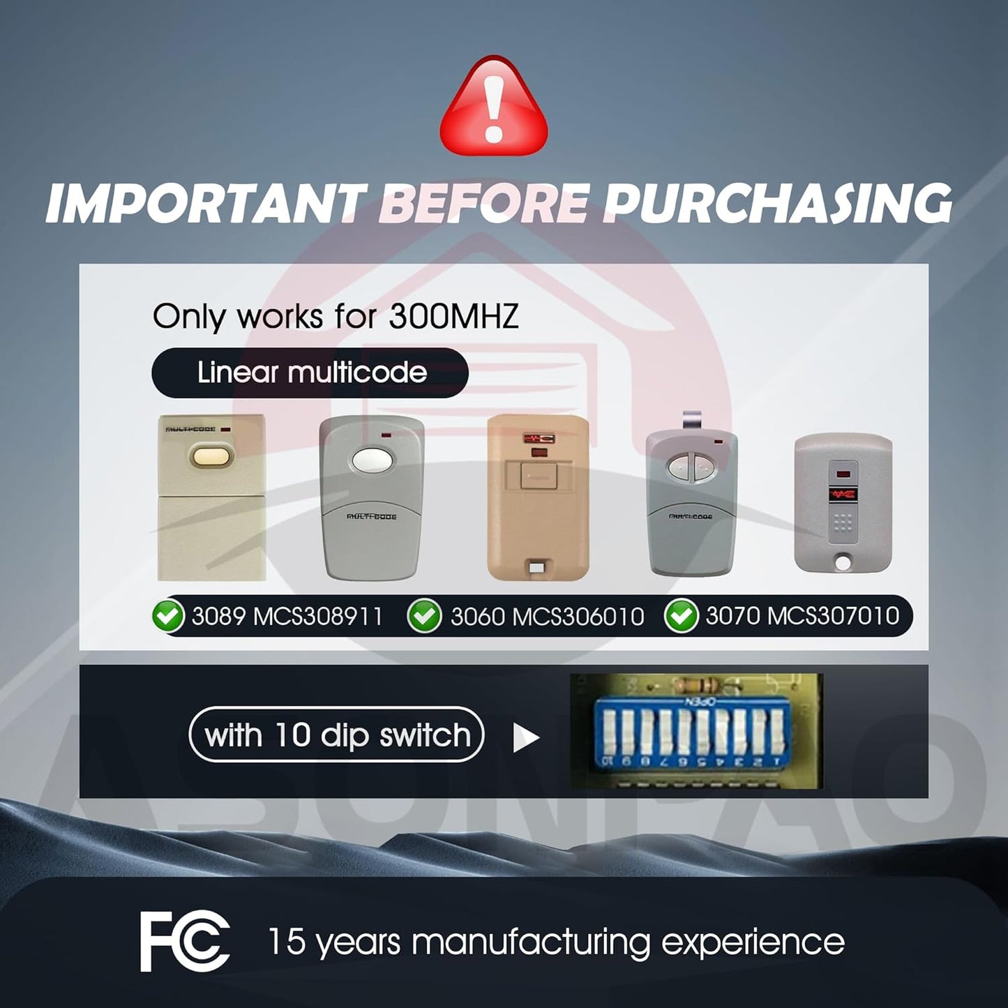 2 for Multi-Code 3089 MultiCode 308911 Linear MCS308911, 300MHZ 10 Dip Switch Gate Opener Remote (3-Year-Warranty)