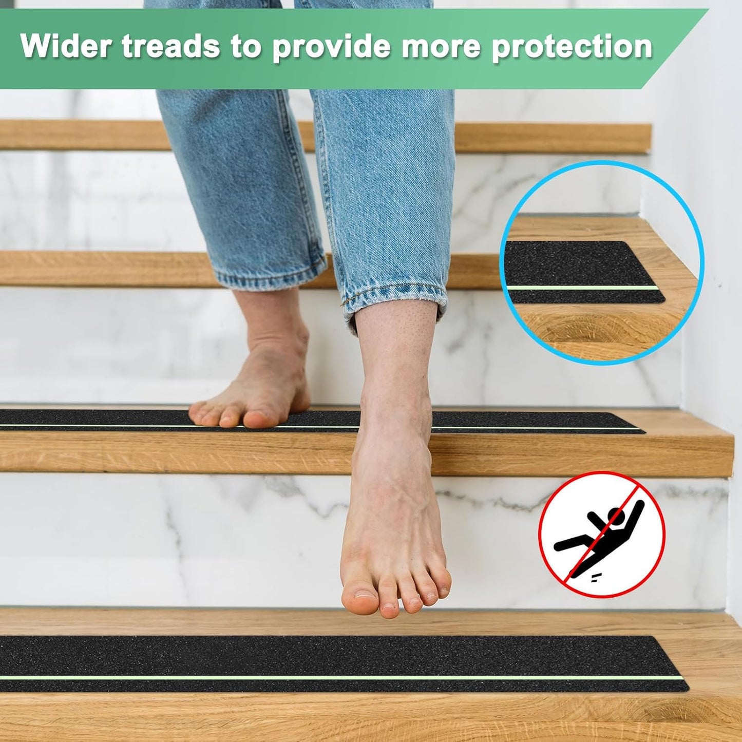 10-Pack Anti Slip Traction Tape 30" x 6" Best Grip Tape Grit with 6mm/0.24" Glow in Dark Stripe High Traction Friction Abrasive Adhesive for Indoor/Outdoor Stairs[Black+Green]