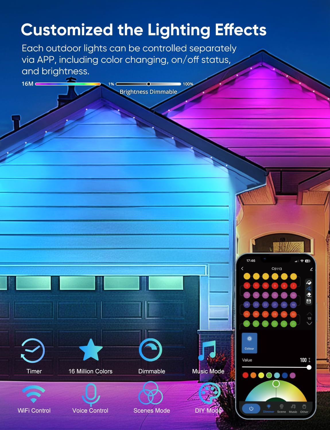 Permanent Outdoor Lights 50ft,RGBW Eaves Light with 36 LED Lights,111+ Scenes Modes Outdoor Lighting, Waterproof Permanent Light for Daily Holiday Halloween Decorations, Compatible with Alexa,Black