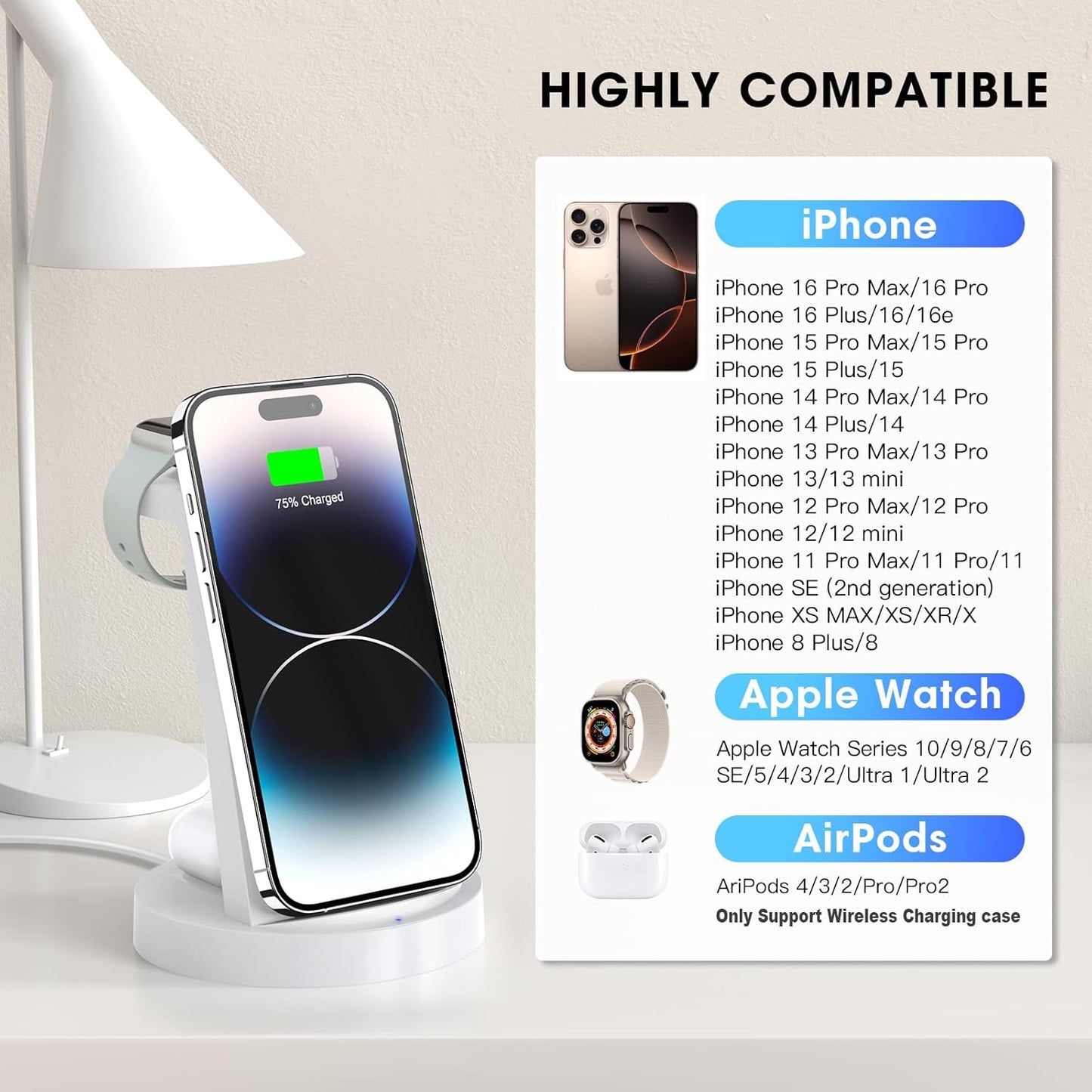 3 in 1 Charging Station for iPhone - Wireless Charger for Apple Products Multiple Devices - Charging Dock Stand for AirPods (for iPhone 17 16e 16 15 14 13 pro 12 11 X Max)