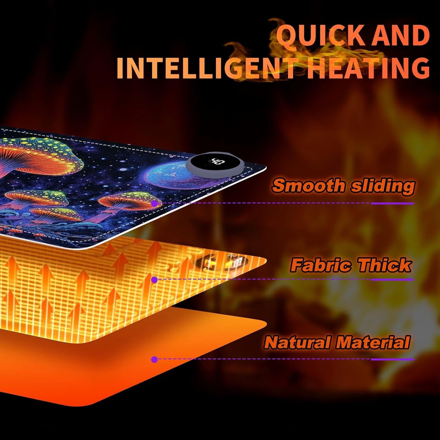 Heated Mouse Pad 23.6 x 14 in 3-Temp Fast Heating Desk Mat with Auto Timer Warmer for Hands Wrist Pain Relief Waterproof Keyboard Mat for Office, Gaming, Home, Mushroom Galaxy Art