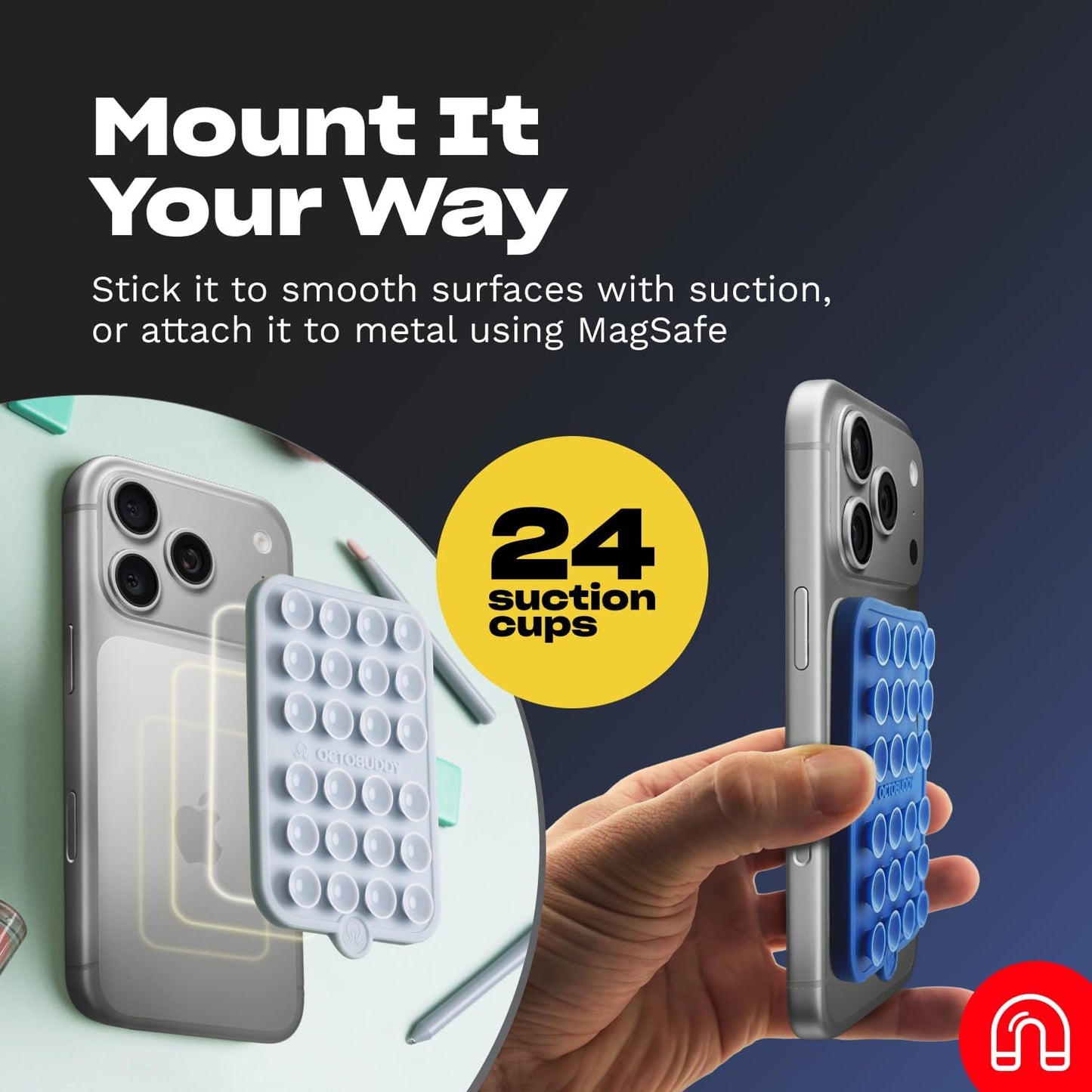 OCTOBUDDY Magnet - Dual Magnetic & Suction Phone Mount - Magnetic-Compatible Silicone Mobile Holder - Hands-Free Selfies & Videos - Content Creator Accessory - 2.6″ x 3.9″, Baby Blue