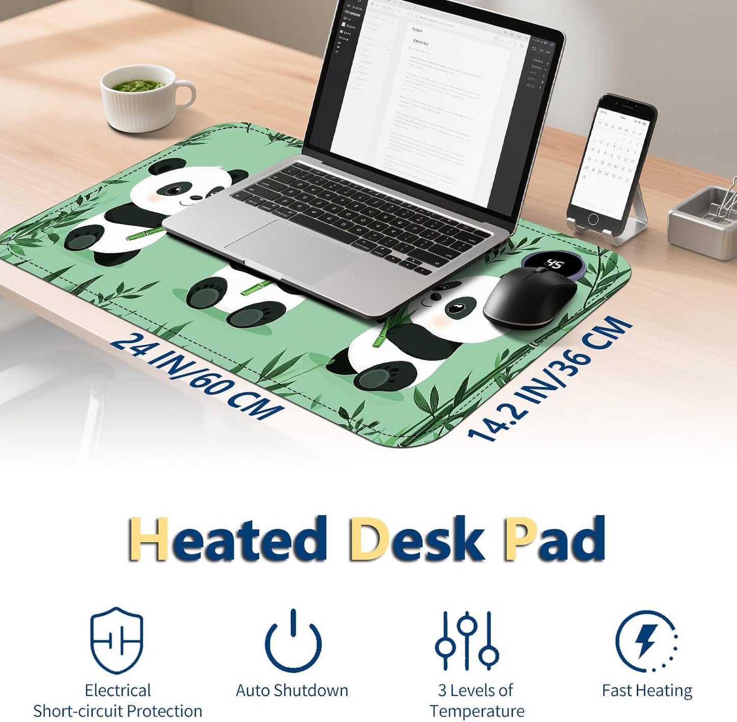 Heated Mouse Pad with 3 Temperature Settings(104°F–122°F),Large 24x14.2 Inch PU Leather Heated Desk Mat,Waterproof Warming Pad for Office,Gaming & Cold Hands Relief,Cute Three Pandas