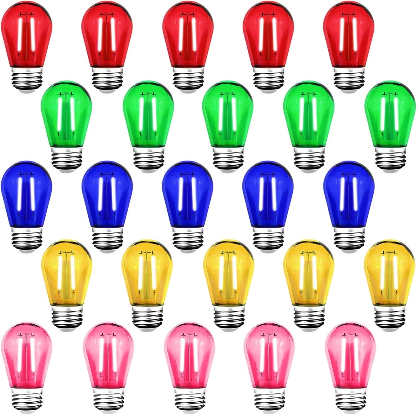25 Pack S14 Colored LED Light Bulb 2 Watt Multi-Color String Light Bulbs Plastic Shatterproof E26 Base LED Filament Outdoor Replacement Christmas Light Bulbs(Red Green Blue Pink Yellow)