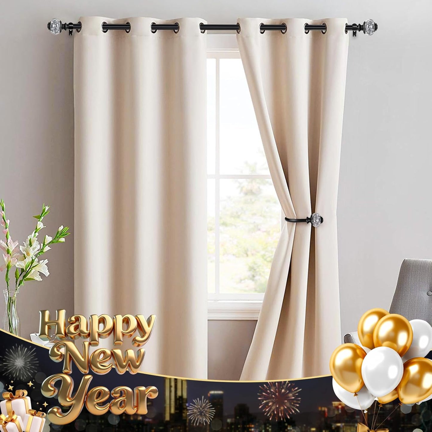 2 Pack Black Curtain Rods, 1 Inch Telescoping Drapery Rod 28 to 48 inch (2.3 to 4 ft), USFOOK Curtain Rods for Windows, Silver Translucent Finials