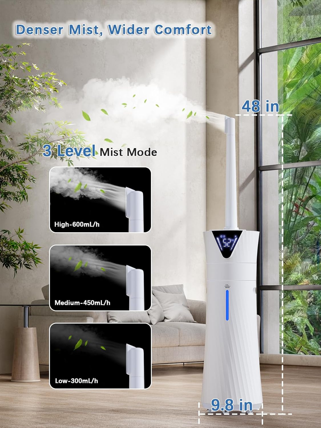 17L/4.5Gal Humidifier Large Room, Smart Quiet Ultrasonic Cool Mist Humidifiers for Bedroom, Covers 2000ft², 56H Runtime, 24H Timer, 3 Mist Modes Humidifiers for Home, Office, Plants, White