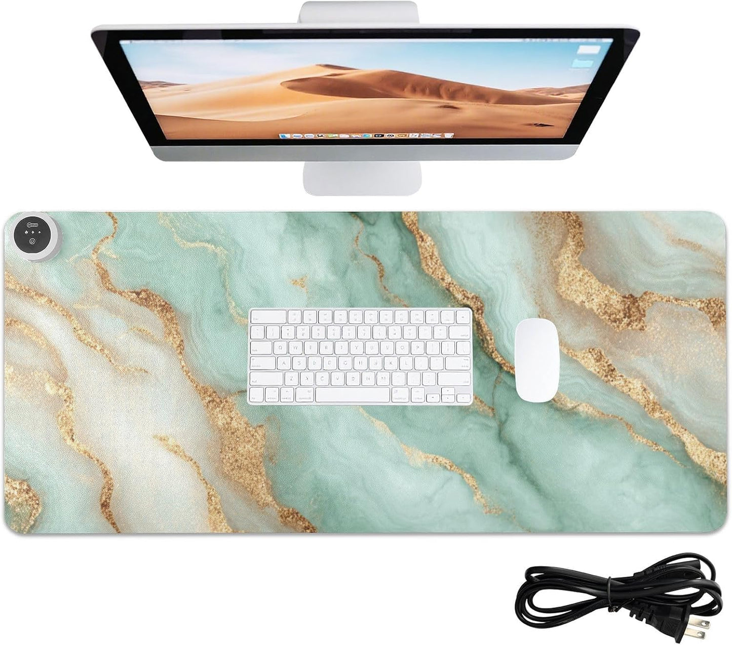 Heated Desk Pad Mouse Pad 31.5x13 Inch PU Leather Desk Mat with 3 Heat Levels Large Mouse Gaming Computer Laptop Mat Mint Green and Gold Marbletexture