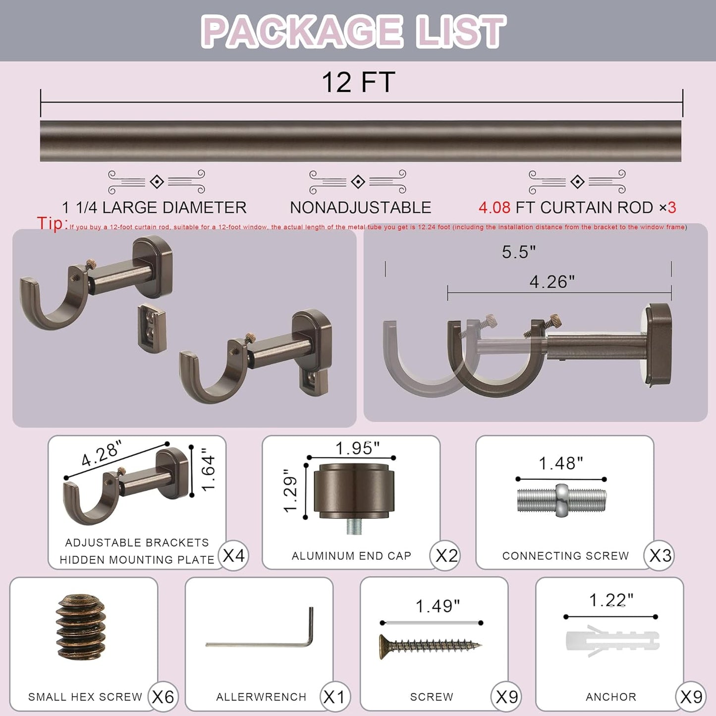 Heavy Duty Curtain Rods,1 1/4" Large Diameter Premium Nonadjustable Curtain Rod,144in/12ft Custom Window Treatment Rods with Durable Aluminum Brackets and End Caps,Dark Bronze Finish