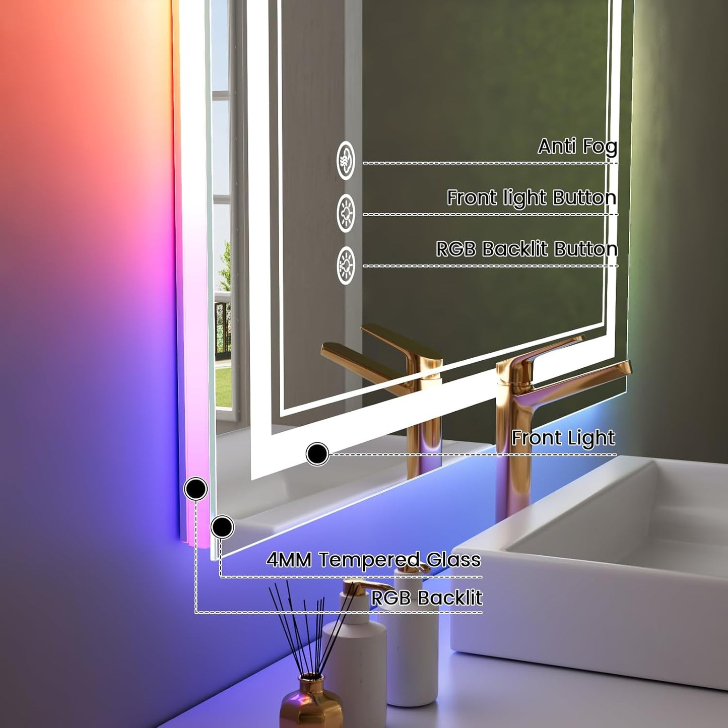 24x28 inch LED Bathroom Mirror with RGB Lights Color Changing Backlit Mirror Shatterproof Dimmable Anti-Fog Lighted Vanity Mirror (RGB Multicolor Backlit + Adjustable Front-Lighted)