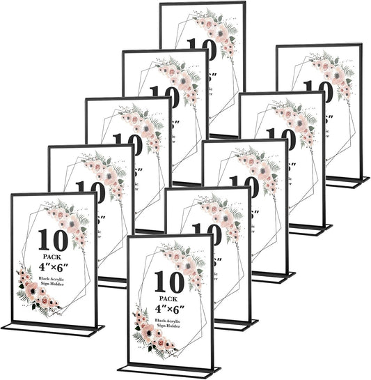 10 Pack Acrylic Sign Holders 4x6 Photo Frames, Double Sided Picture Frame, Clear Wedding Table Number Holder, Table Menu Display Holders for Restaurant Signs, Party and Office Photos, Black