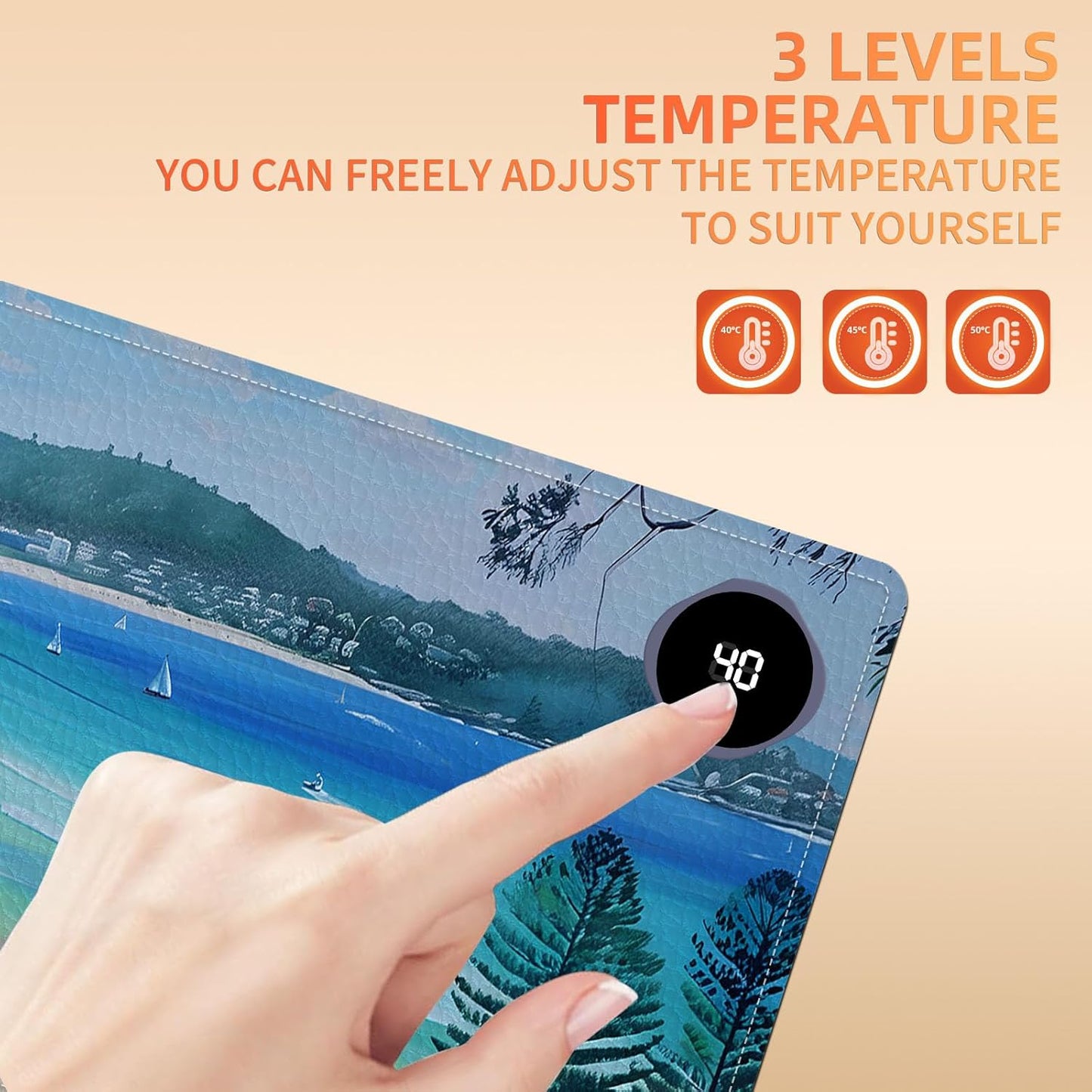 Heated Mouse Pad, Warm Desk Pad, Keyboard Mat 31.5 x 13 Inch Large Size Intelligent Fast Heating, 3 Speed Adjustable, Timed Auto Power Off for Game Office Home,Blue Sea Level Beach Woods