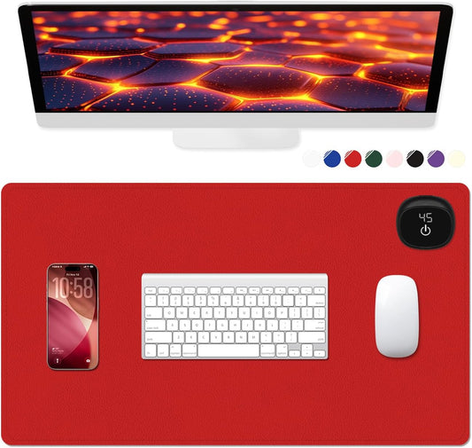 Heated Desk Pad, 23.6" x 14.2" Leather Non-Slip Warm Desk Pad, Large Mouse Mat with 3 Levels Heating & 3 Hours Auto Shut-Off, Hand and Foot Warmer for Office, Home, Red