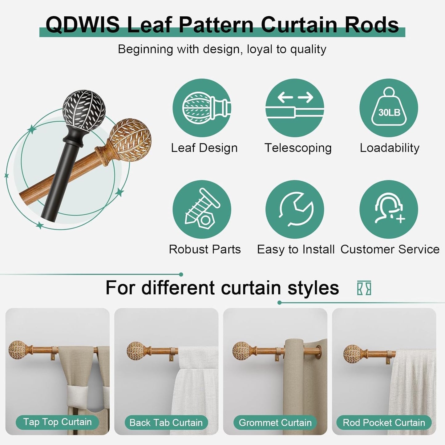 Imitation Wood Grain Ball Curtain Rods for Windows 66 to 120 Inch,1 Inch Heavy Duty Adjustable Wood Curtain Rod,Boho Decorative Drapery Rods Set with Brackets,Size:36''-120''