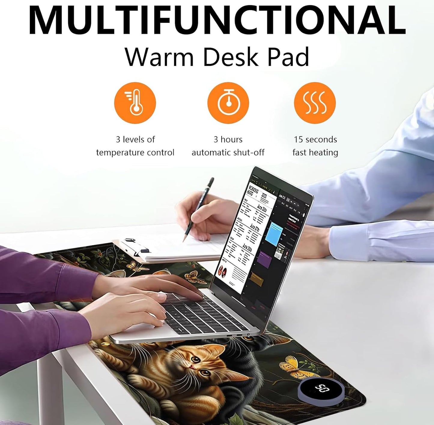 Heated Mouse Pad with 3 Levels Heated & 3 Hours Auto Shut-Off Mouse Pad for Warming Hands in Office Home, 23.6" x 14.2"Large Safe Desk Mat Hand Warmer，A Bunch of Cute Cats