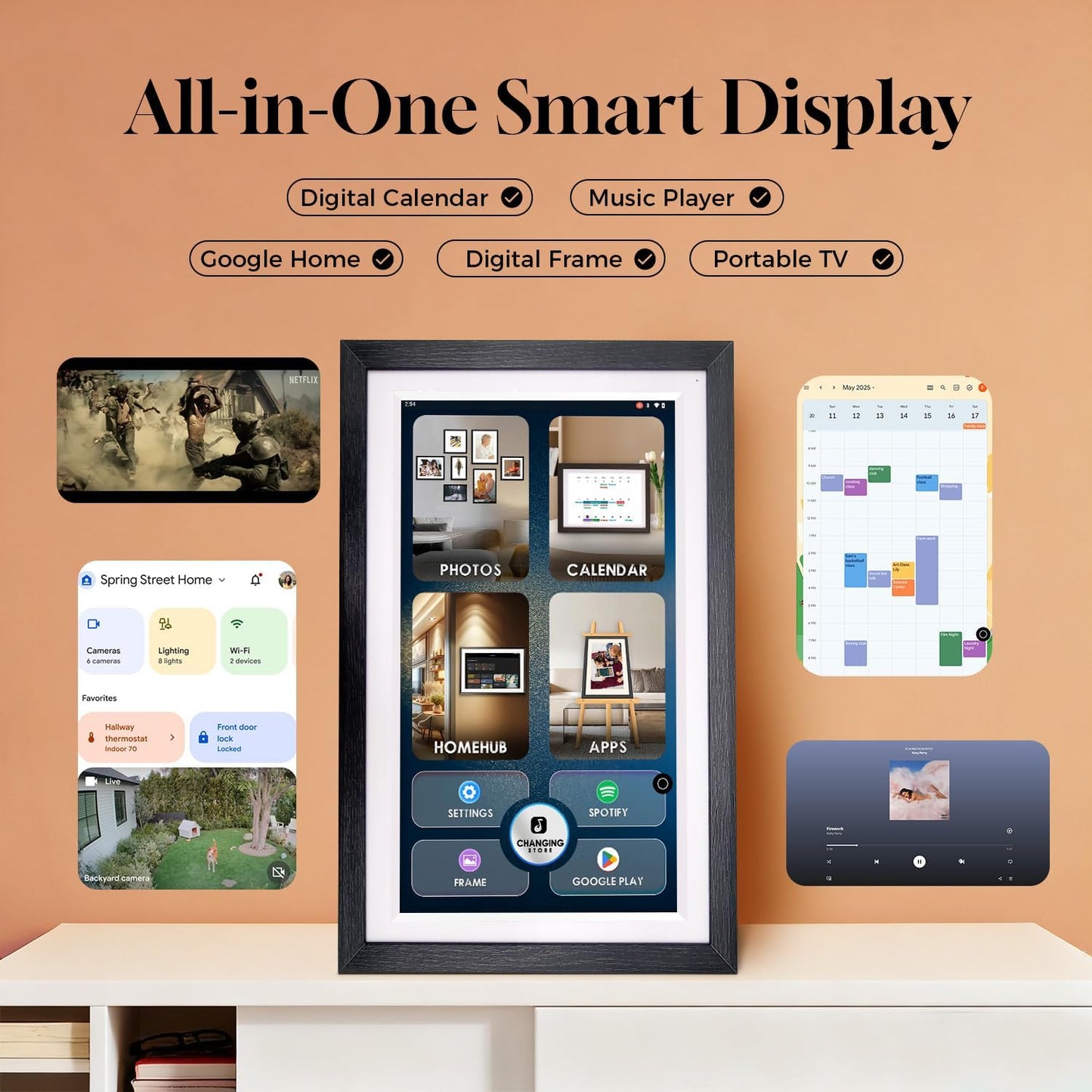 15.6" All-in-one Smart Display|Digital Google Calendar No Subscription|Picture Frame with Anti-Glare Touchscreen|Built-in Li-Battery|Wall-Mount or Desktop|Google Home Hub,App Store (15.6" Walnut Wood)