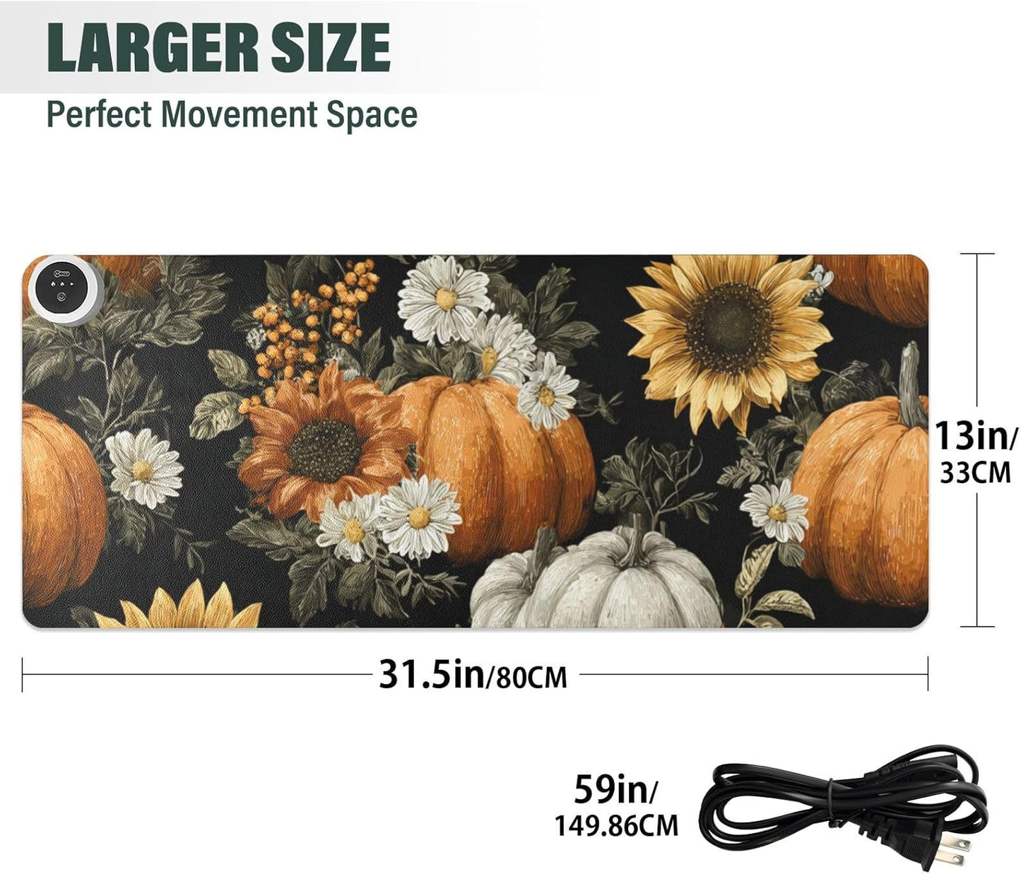 Heated Desk Pad Mouse Pad 31.5x13 Inch PU Leather Desk Mat with 3 Heat Levels Large Mouse Gaming Computer Laptop Mat Black Pumpkins Sunflowers Daisy