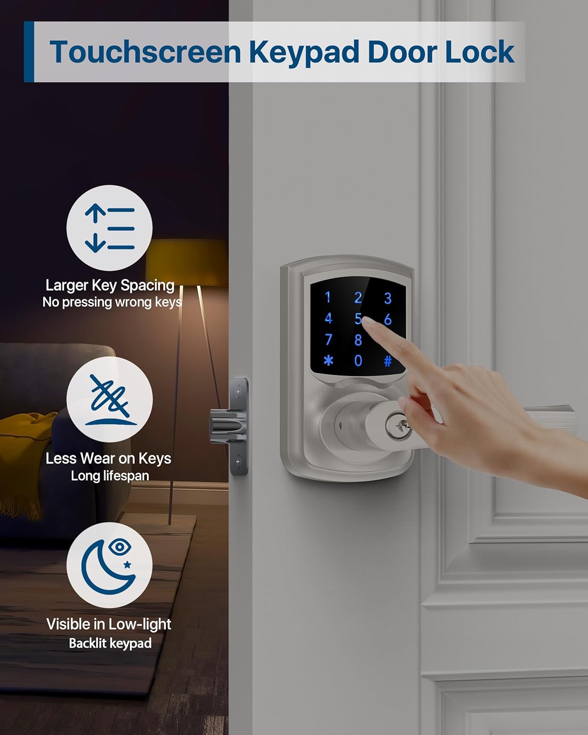 HIDALIFE Keyless Entry Door Lock, Electronic Keypad Door-Lock with Handle, Touchscreen, Auto-Locking, Anti-peep Password, Easy to Install for Front Door, Home, Office, Satin Nickel