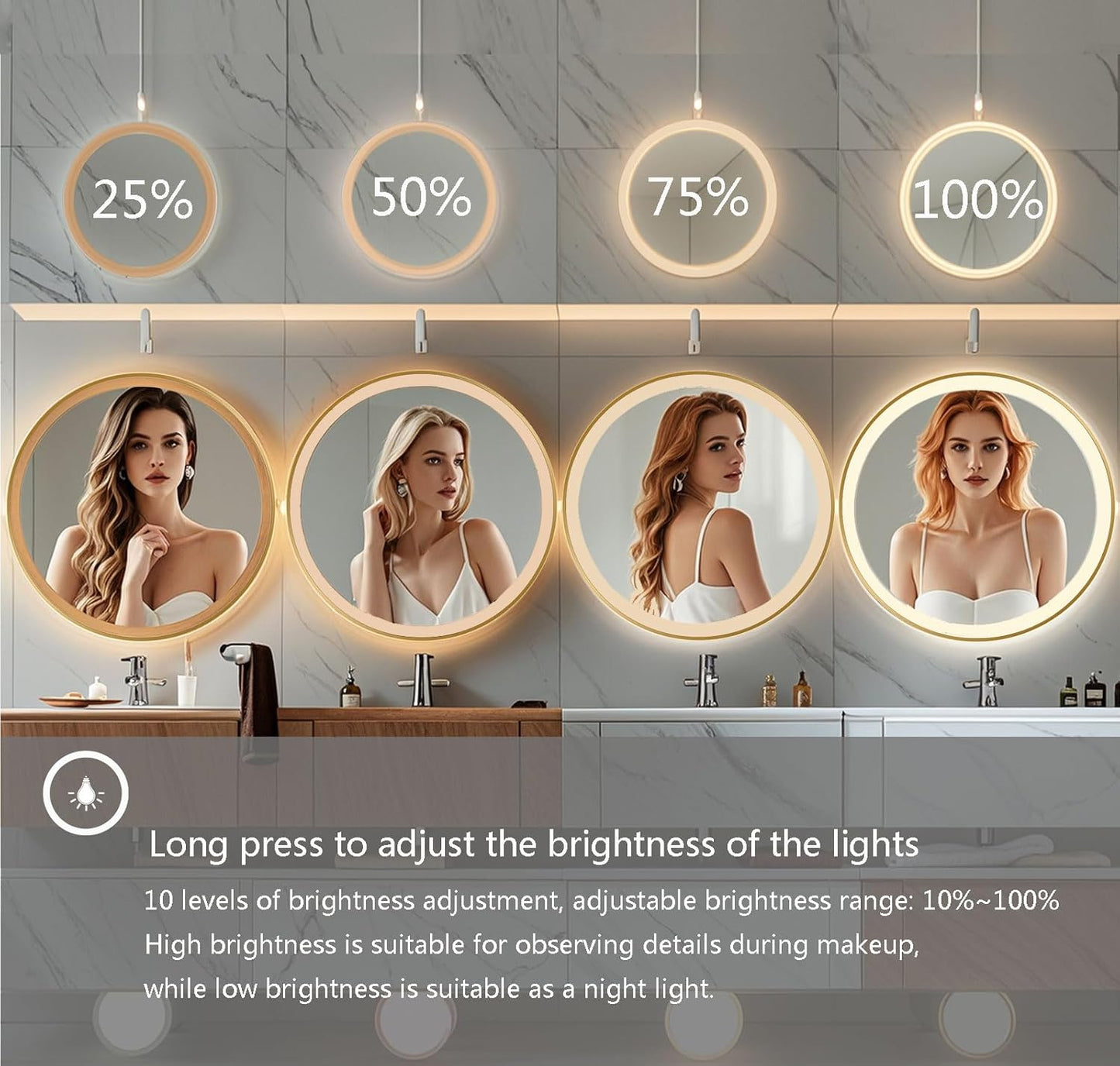24 Inch Wall-Mounted Round Bathroom Mirror with LED-Lights - Frame Vanity Mirrors (24" x 24", Gold)