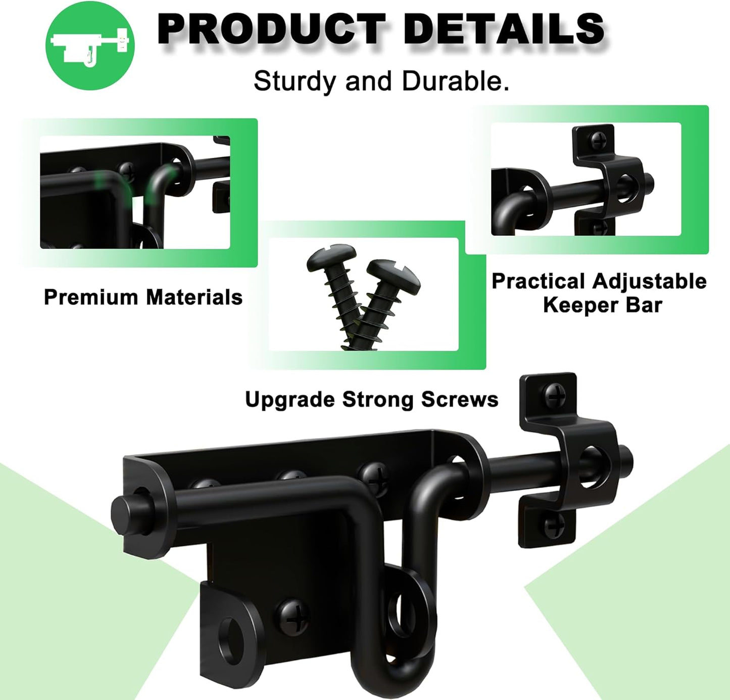 Heavy Duty Slide Bolt Gate Latch for Wooden Fence, 2 Way Barn Door Latch with Padlock Hole, Offset and Flush Mounted Gate Latch for Outdoor Gates/Yard Fence/Shed Door, Black, 2 Pack