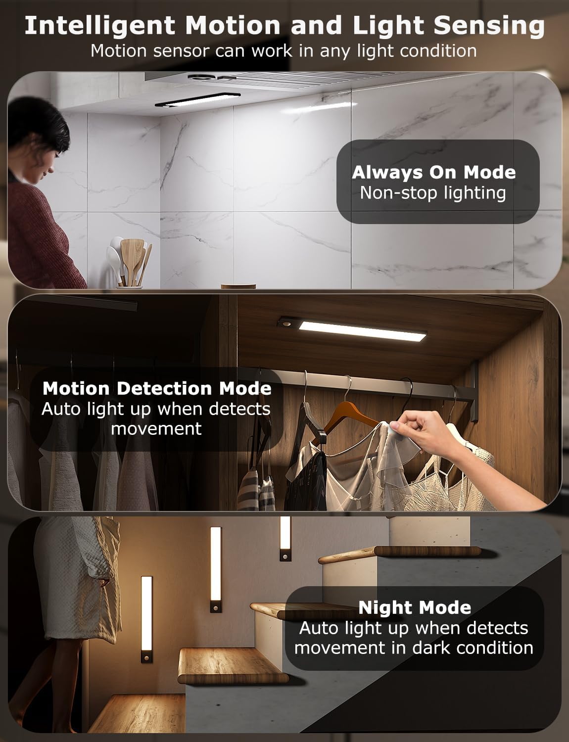12" Ultra-Thin Under Cabinet Lighting Cordless, Aluminum Alloy Under Counter Lights for Kitchen, 3-Color-Temps Magnetic Closet Lights, Rechargeable Motion Sensor Light Indoor (6 Pack, Black)